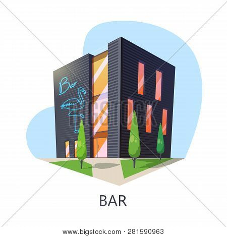Outdoor View At Bar Building Or Taproom Construction. Isometric Saloon For Alcohol Or Night Drink An