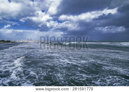 View On Cyprus Mediterranean Sea On A Bright Sunny Summer Day With A Cloudy Blue Sky On The Backgrou