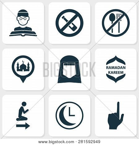 Ramadan Icons Set With Imam, Kareem, Clock And Other Place Elements. Isolated Vector Illustration Ra