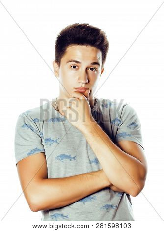 Young Attractive Man Isolated Thinking Emotional On White Close Up