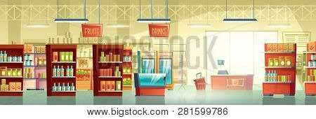 Supermarket Or Big Grocery Store Trading Room Interior Cartoon Vector Background With Racks Full Of 