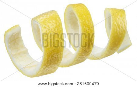 Lemon peel or lemon twist on white background. File contains clipping path.