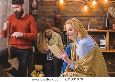 Beautiful Woman With Blond Hair Reading Interesting Book. Bookworm Absorbed By Fantasy World Adventu