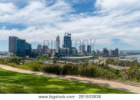 Complete Skyline Of Perth Seen From Kingspark Including Elizabeth Quay Western Australia