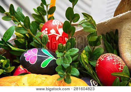 Easter Eggs Composition On Tarel And An Embroidery