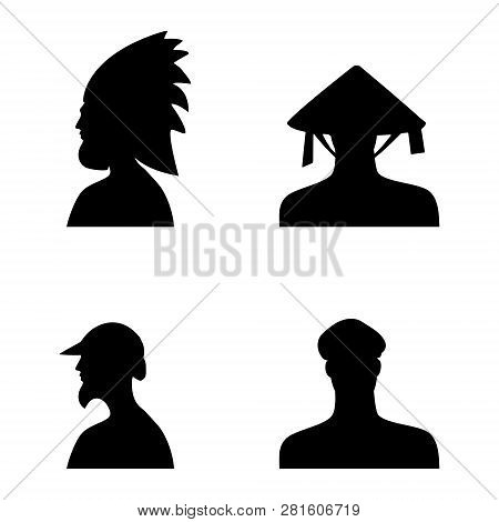 Human Head Silhouettes In Different Hats. Set 5