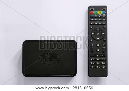 Iptv Box And Remote Controller. Modern Multimedia Device For Viewing Television Via The Internet, Mu