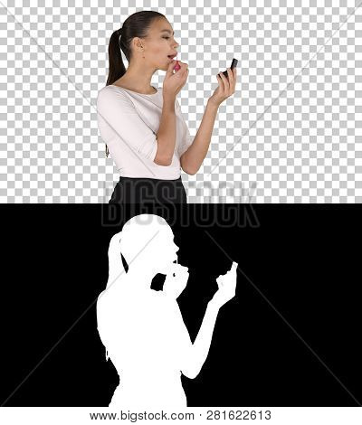Beautiful Woman, Dyes Her Lips Lipstick Pink, Looking In The Mirror, Alpha Channel