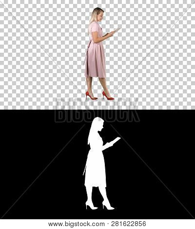 Blonde In Pink Dress Walking And Using Tablet, Alpha Channel