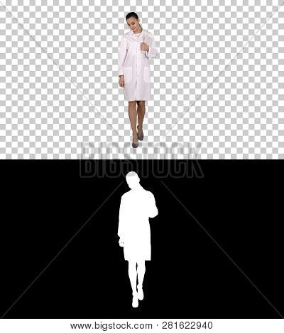 Woman Doctor Walking With Tablet In Hands, Alpha Channel