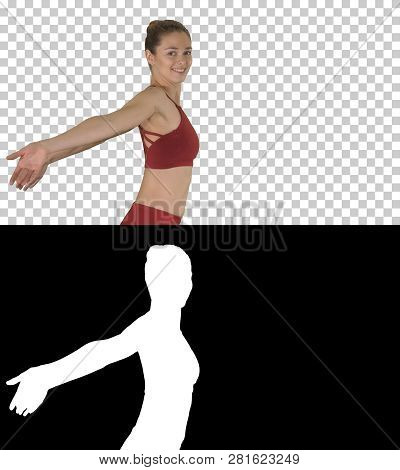 Sportive Fitness Sportswoman Stretching Arms And Laughing, Alpha Channel