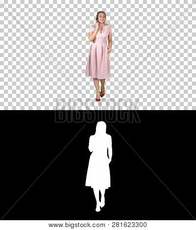 Portrait Of Walking Happy Young Woman Talking On Mobile Phone And Smiling, Alpha Channel