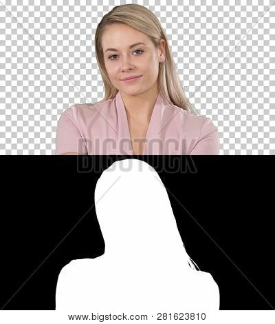 Young Beautiful Lady In Pink Looking To Camera And Thinking Of Something Smiling Slightly, Alpha Cha