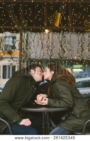 Theme Love Holiday Valentines Day. Pair College Students, Caucasian Heterosexual Lovers In Winter, S
