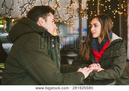 Theme Love Holiday Valentines Day. Pair College Students, Caucasian Heterosexual Lovers In Winter, S