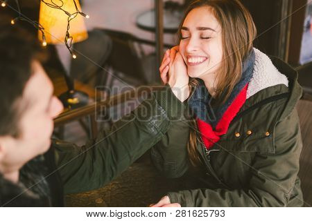 Theme Love Holiday Valentines Day. Pair College Students, Caucasian Heterosexual Lovers In Winter, S