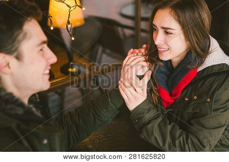 Theme Love Holiday Valentines Day. Pair College Students, Caucasian Heterosexual Lovers In Winter, S