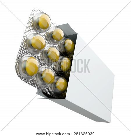 Opened White Box Filled With Yellow Pills In Blister. Perspective View.