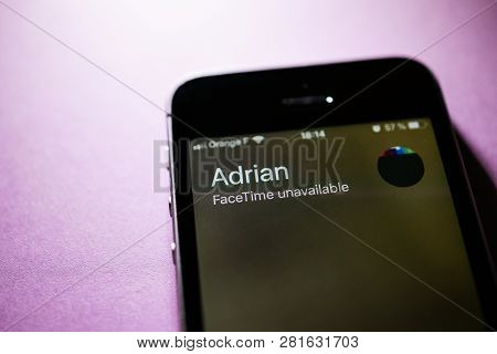 Paris, France - Jan 30, 2018: Closeup Of Apple Iphone Se  With Facetime App Call And Message Unavail