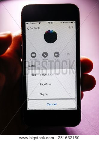 Paris, France - Jan 30, 2018: Apple Iphone Xs With Facetime App Video And Audio Call Availability