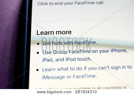 Paris, France - Jan 30, 2018: Apple Iphone Xs With Facetime App Icon On The Display And Get Help Tex