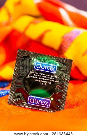 Poznan, Poland - January 29, 2019: Durex Condom Bag On Soft Towel In Soft Focus.