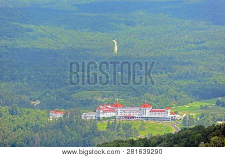 Mount Washington Hotel in summer, from summit of Mount Rosebrook, Bretton Woods, New Hampshire, USA. This Hotel hosted the Bretton Woods monetary conference in 1944.