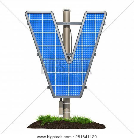 Alphabet Letter V. Solar Panel In Shaped Of Letter V, 3d Rendering Isolated On White Background