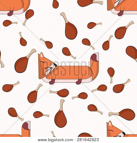 Vector Seamless Pattern With Cute Cartoon Foxes And Meat.