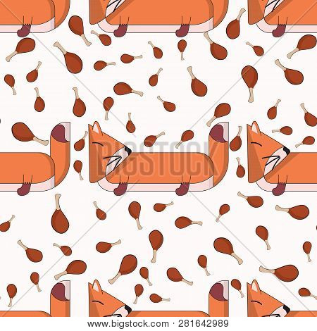 Vector Seamless Pattern With Cute Cartoon Foxes In A Raw And Meat