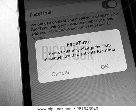 Paris, France - Jan 30, 2018: Your Carrier May Charge For Sms Messages Used To Activate Facetime Mes