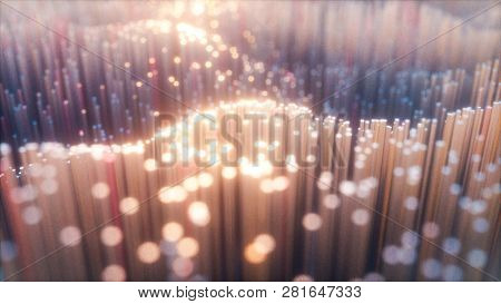 Abstract City Of 3d Optical Fiber. Camera Movement On Abstract Realistic Glowing 3d Illustration