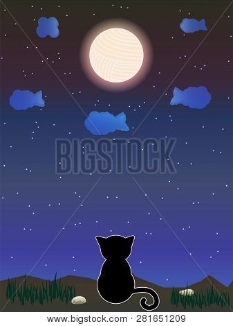 Cat Looking At The Sky Fantasy. Vector Drawing.
