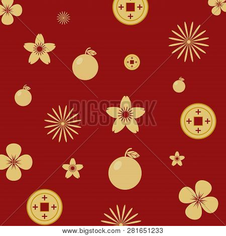 Seamless Pattern Gold Color On Red Background With Chinese Elements . Vector Background.