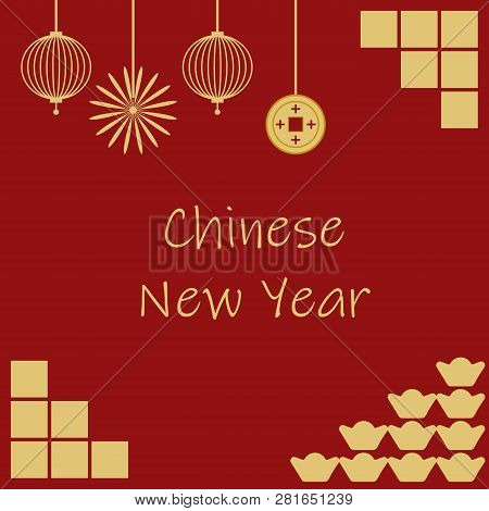 Chinese New Year Poster Design. Gold Pattern On Red Background. Vector