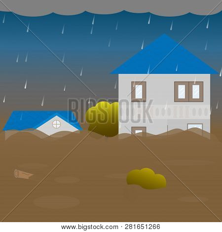 Flood Disaster With Home In Muddy Water And Rain. Vector Illustration.