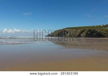 Sweeping Vista Of Mawgan Porth Beach, North Cornwall, England