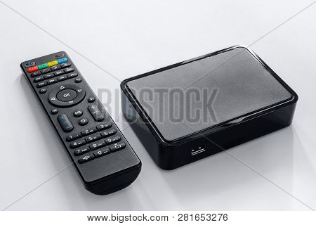 Iptv Box And Remote Controller. Modern Multimedia Device For Viewing Television Via The Internet, Mu