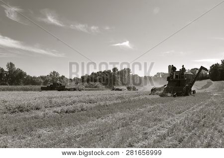 Rollag, Minnesota, September 1, 2018: Retro Self Propelled Combines  And Swathers Including An Inter