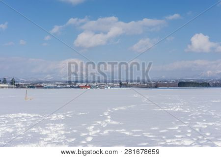 Beautiful Winter Landscape With Powder Snow On A Road In, Hokkaido Japan