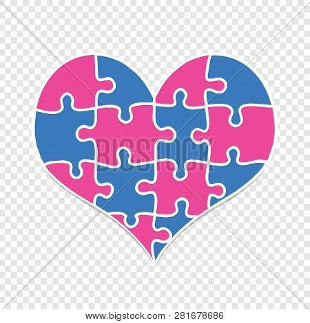 Heart Mde Of Blue And Pink Puzzle Pieces Isolated On Transparent Background. Love, Marriage, Charity
