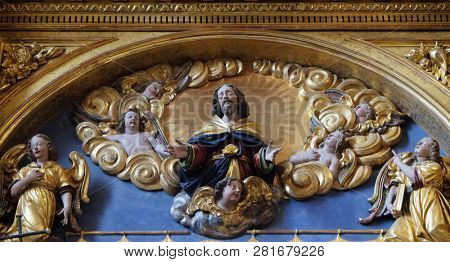 LUCERNE, SWITZERLAND - JUNE 24, 2018: Jesus Christ, Assumption of the Virgin Mary Altar in the church of St. Leodegar in Lucerne, Switzerland