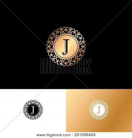 J Letter Or Monogram. The Original Gold J Letter Symbol In A Circle With Lace Ornament. Classic Styl