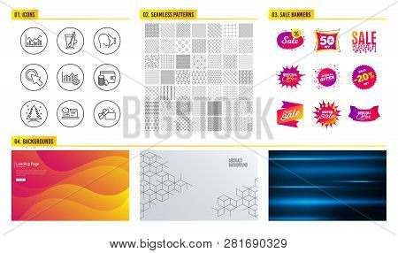 Seamless Pattern. Shopping Sale Banners. Set Of Tea Mug, Christmas Tree And Face Id Icons. Operation