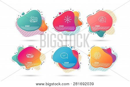 Dynamic Liquid Shapes. Set Of Car, Networking And Feedback Icons. Approved Message Sign. Transport, 
