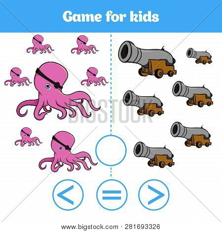 Education Logic Game For Preschool Kids. Choose The Correct Answer. More, Less Or Equal Vector Illus