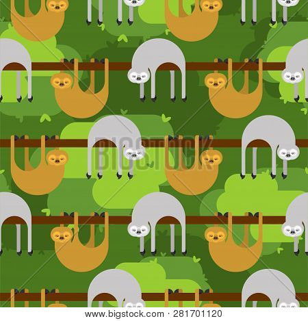 Sloth Pattern Seamless. Lazybones Animal Cartoon Background. Vector Texture