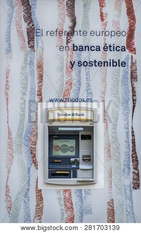 Malaga, Spain - March 23, 2018. Automatic Teller Machine (atm) For Cash Withdrawal At A Triodos Bank