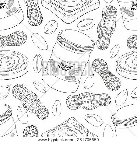 Seamless Pattern Made From Different Objects. Jars With Peanut Butter, Bread. Hand Drawn Endless Pic
