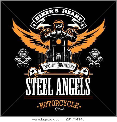 Stell Angels - Custom Motorcycles Club Badge Or Label With Biker, Wings And Flame. Stell Legion.